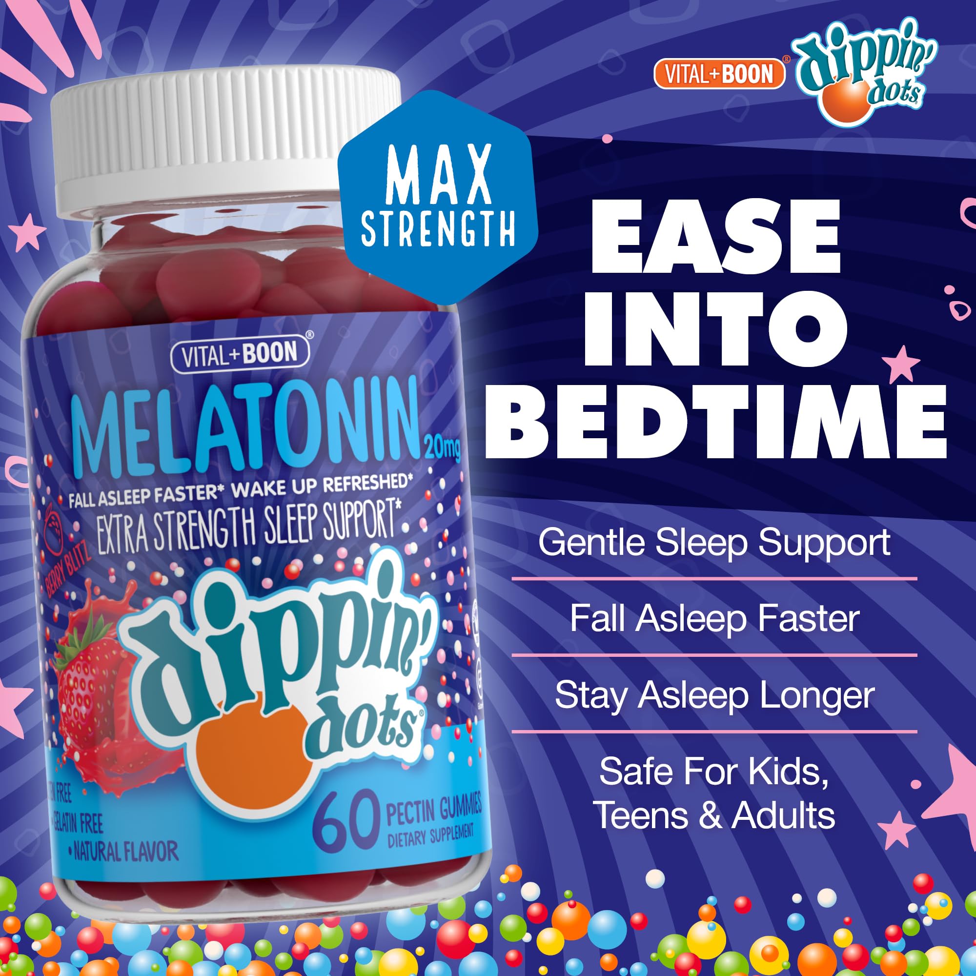 Gomme mélatonine 20 mg de Dippin' Dots, prise nocturne facile et dose personnalisable.