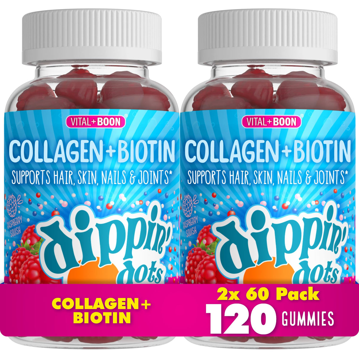 Vital+Boon Dippin Dots flacon rouge, gommes framboise, soin cheveux et peau possibles
