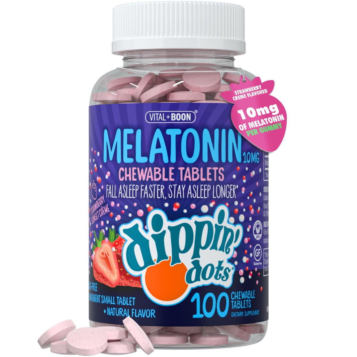 Vital+Boon Dippin' Dots mélatonine, comprimés masticables faciles à emporter