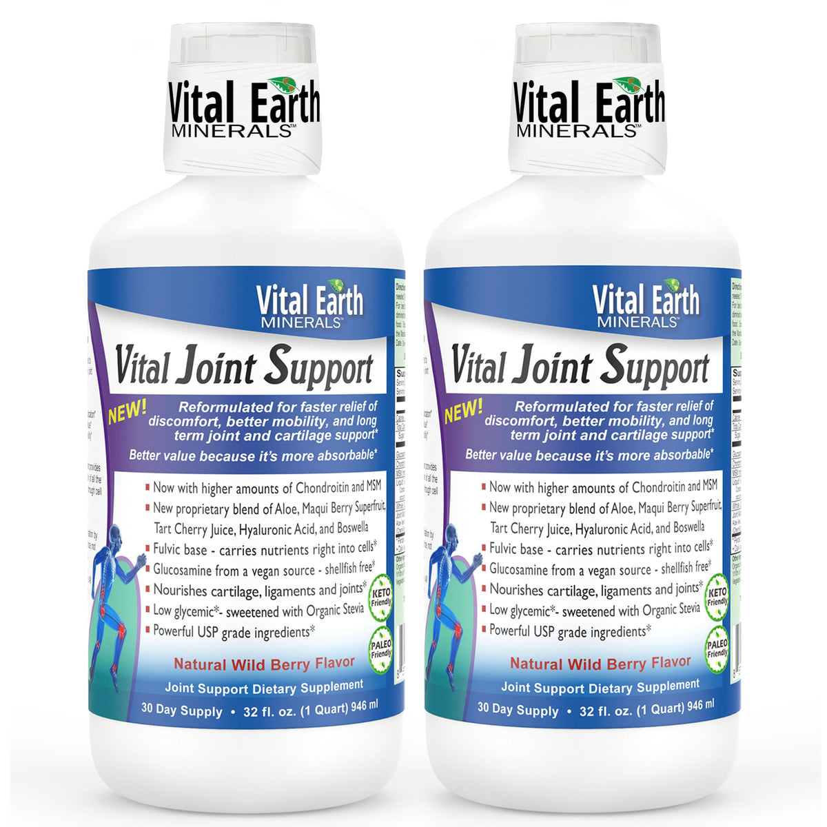 Vital Earth Minerals – bouteille soutien articulations, facile à ajouter à l'eau.
