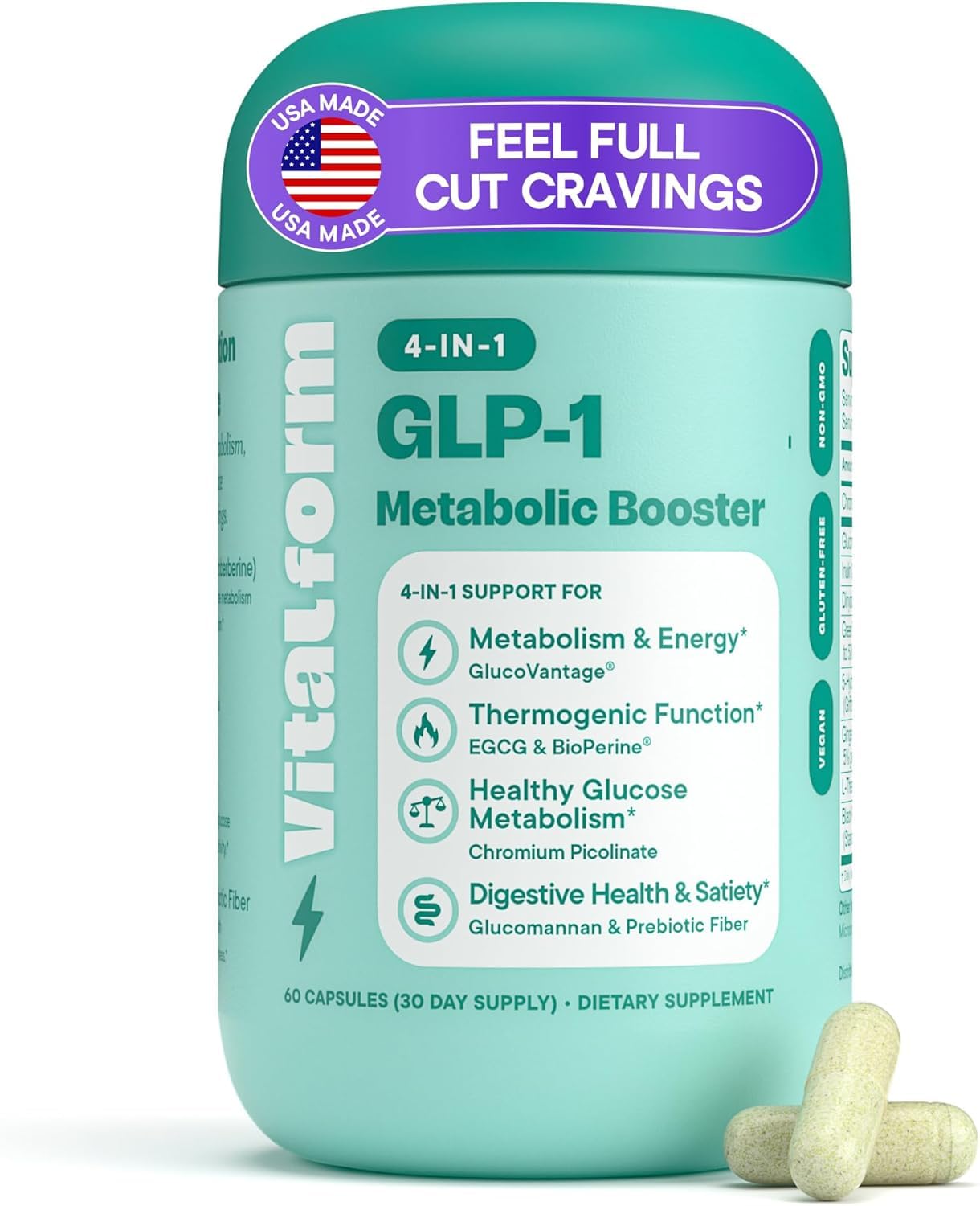 VitalForm GLP-1 soutient métabolique — bouteille de capsules véganes et faciles à avaler.