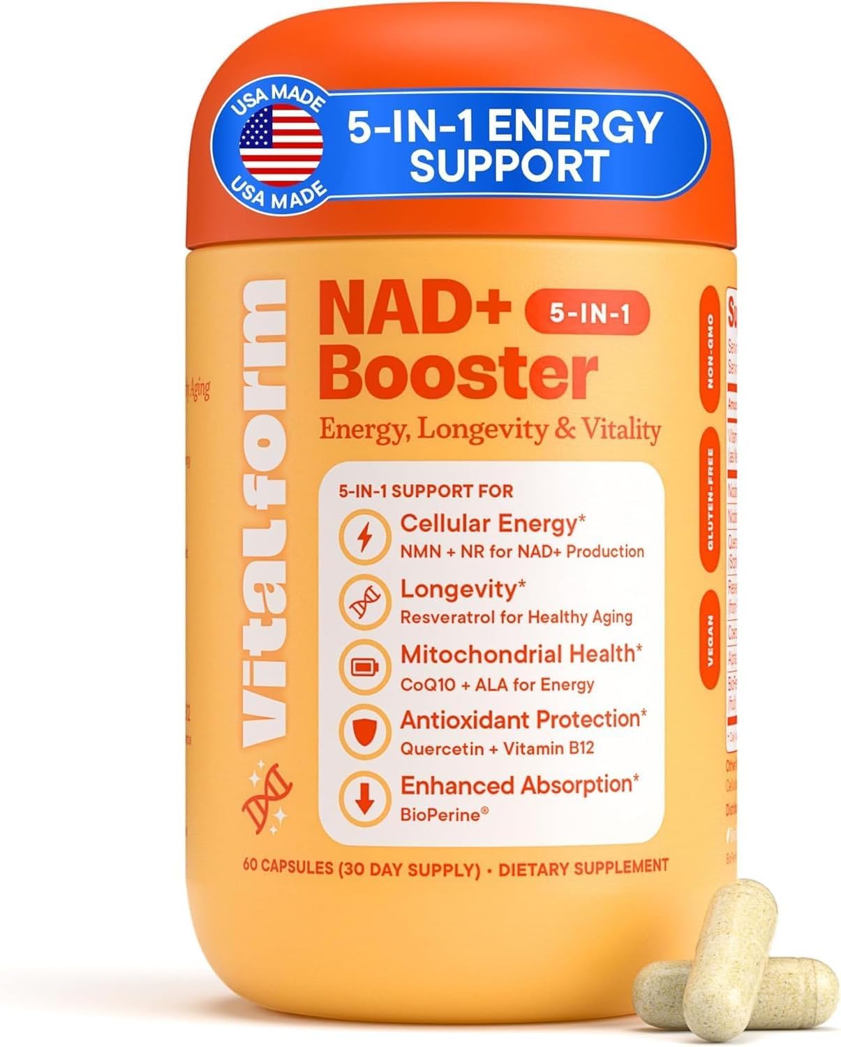 VitalForm NAD+ NMN NR – Bouteille visible, énergie soutenue au quotidien grâce à la formule avancée.