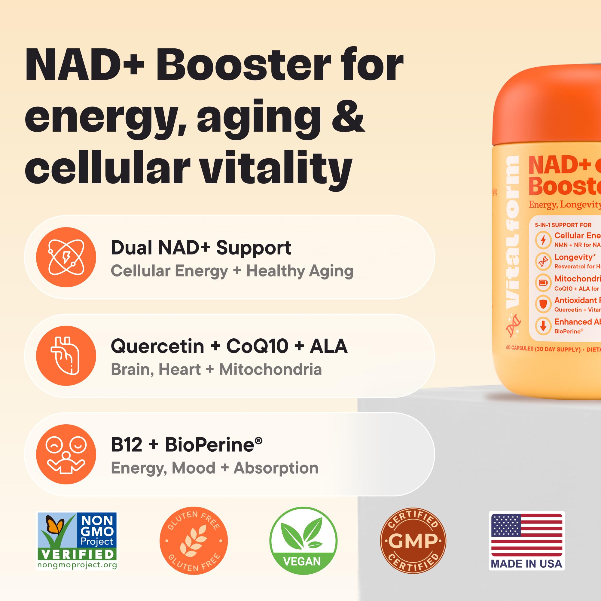 VitalForm NAD+ NMN NR – Capsules visibles, absorption améliorée grâce à BioPerine potentiellement efficace.