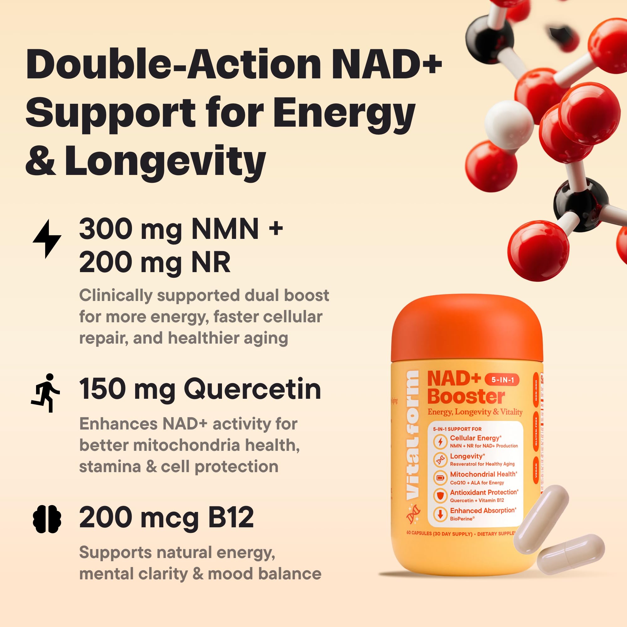 VitalForm NAD+ NMN NR – Tableau d'ingrédients mettant en valeur CoQ10 et Resvératrol.
