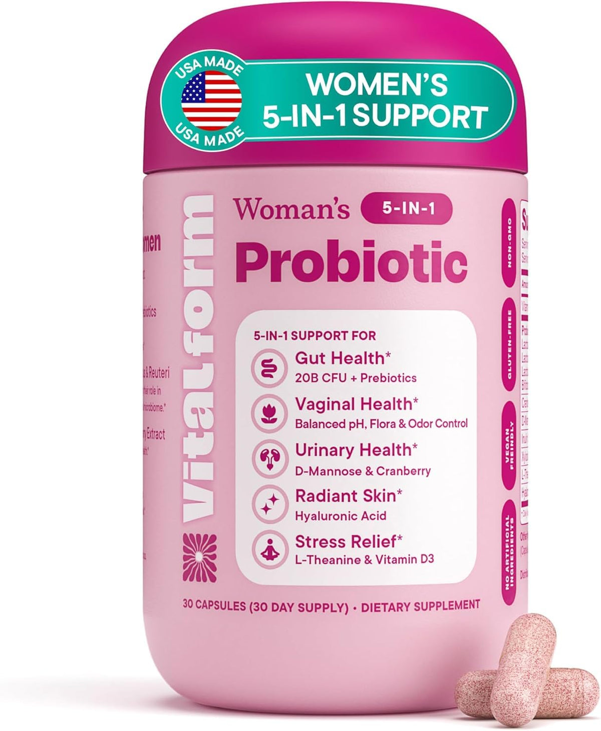 VitalForm Probiotique Femmes : capsule-bouteille pour le soutien digestif quotidien.