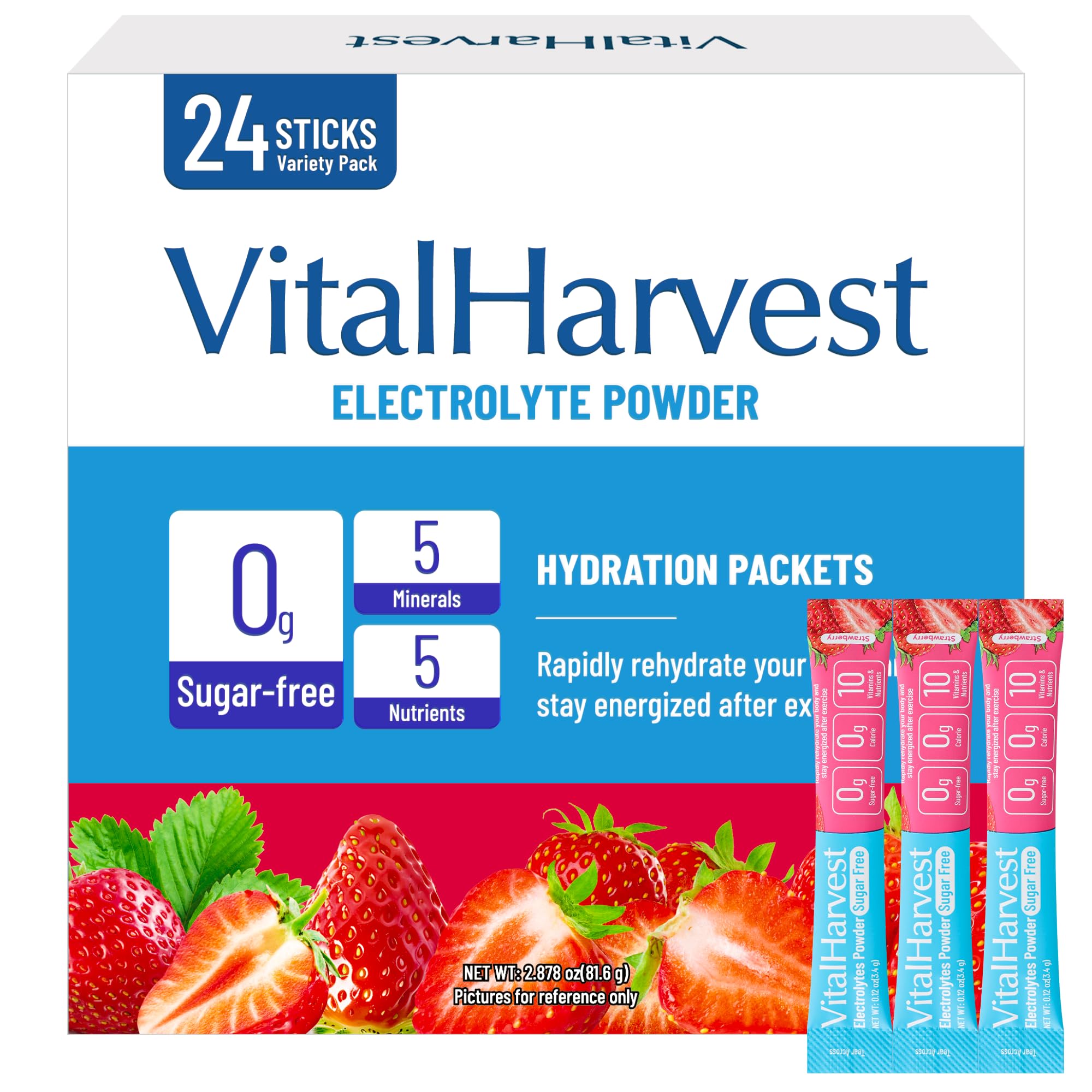 VitalHarvest 24 sachets emballés pour hydratation rapide en déplacement.