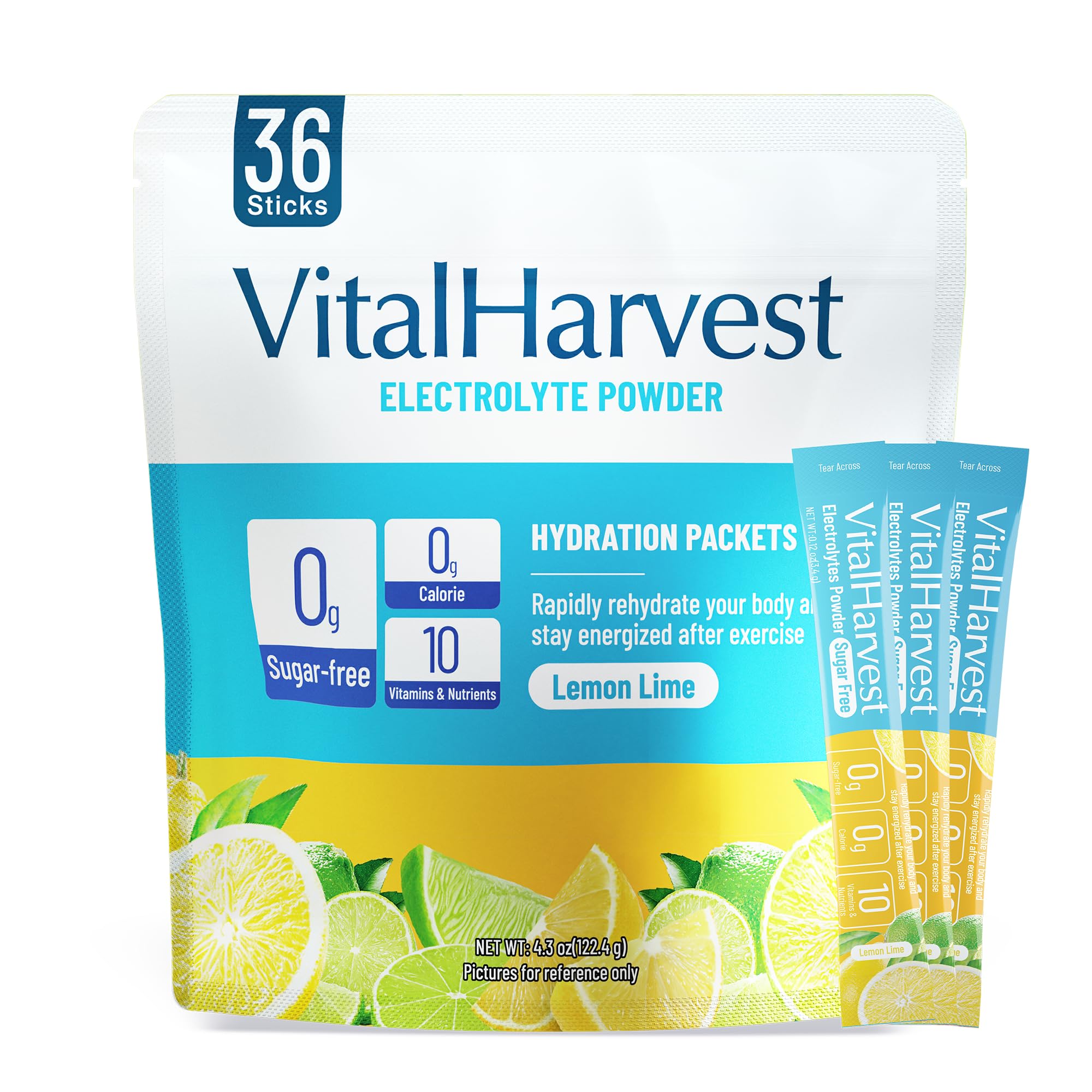 VitalHarvest 36 sticks hydratation citron-lime dans un verre rafraîchissant.