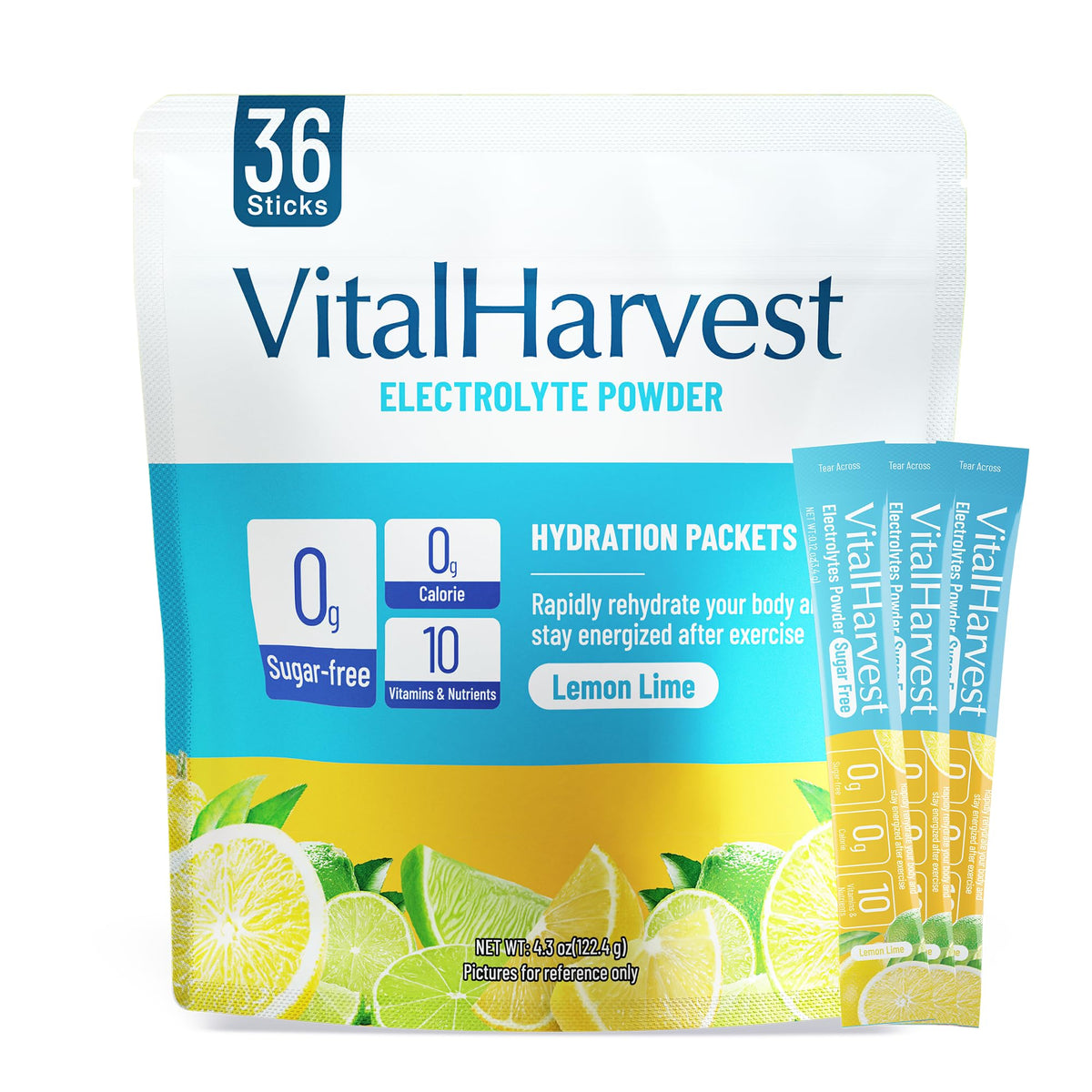VitalHarvest 36 sticks hydratation citron-lime dans un verre rafraîchissant.
