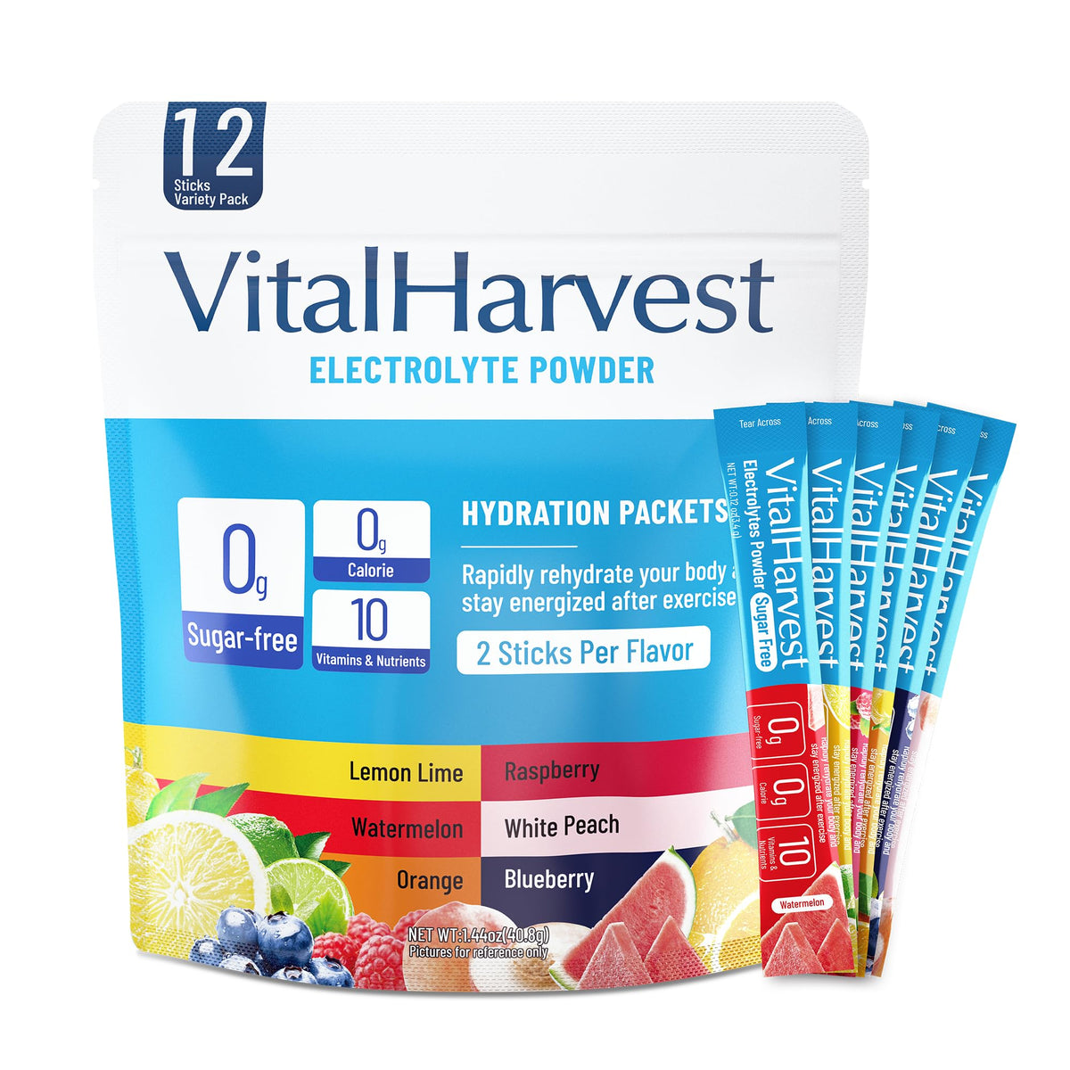 VitalHarvest emballage pratique de 12 sticks électrolytes pour hydratation rapide.
