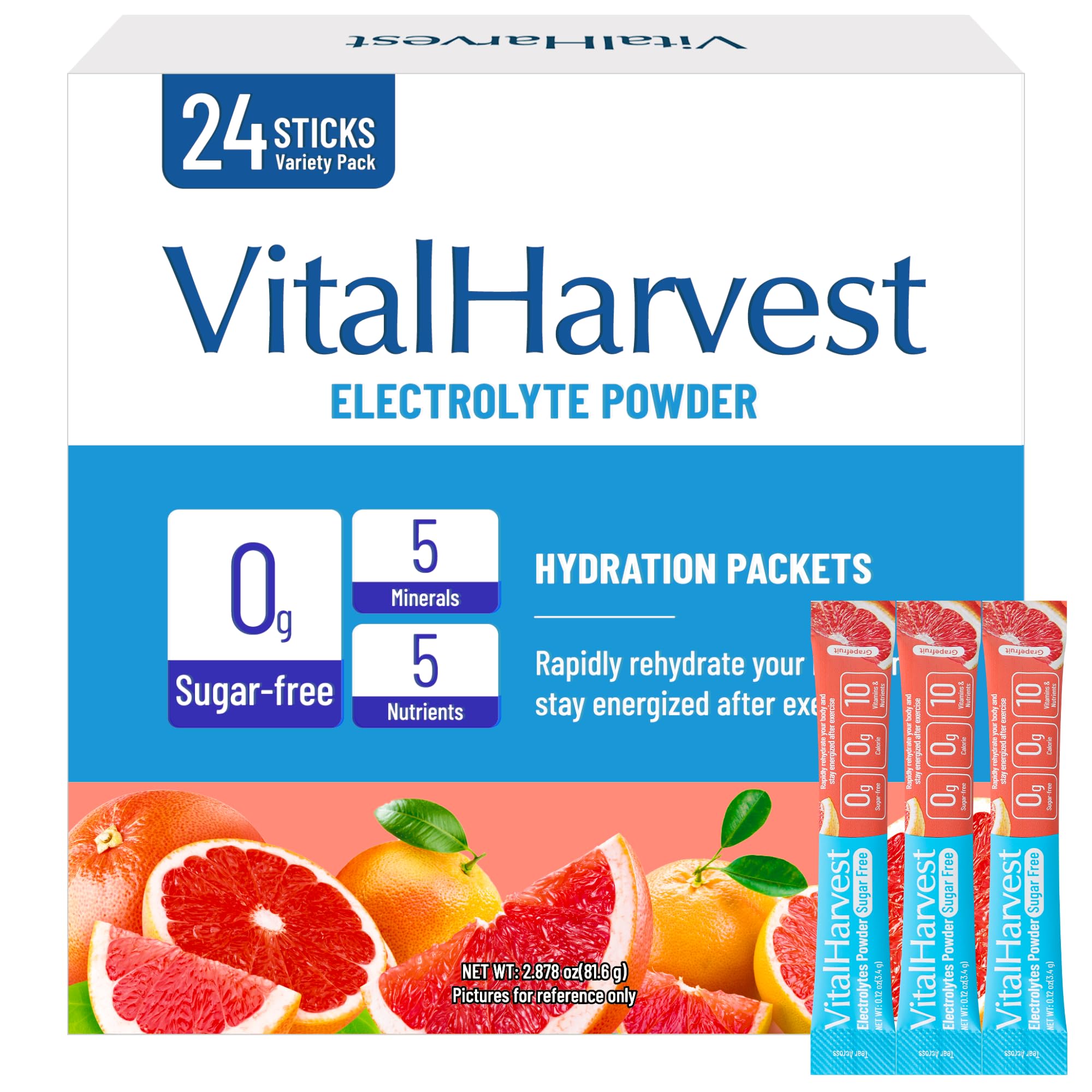 VitalHarvest pochette électrolytes pamplemousse, hydratation rapide en déplacement.