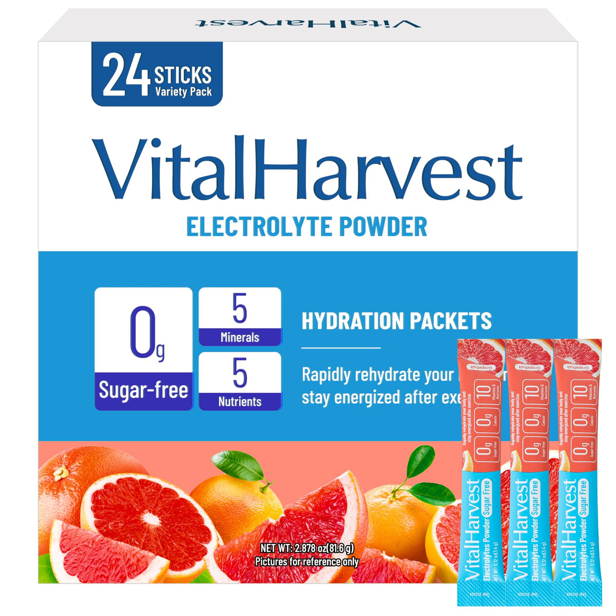 VitalHarvest pochette électrolytes pamplemousse, hydratation rapide en déplacement.