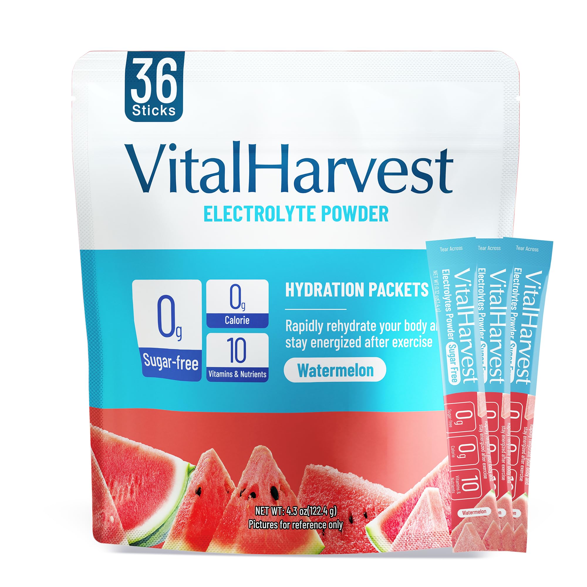 VitalHarvest pochette électrolytes saveur pastèque, emballage pratique pour hydratation nomade.