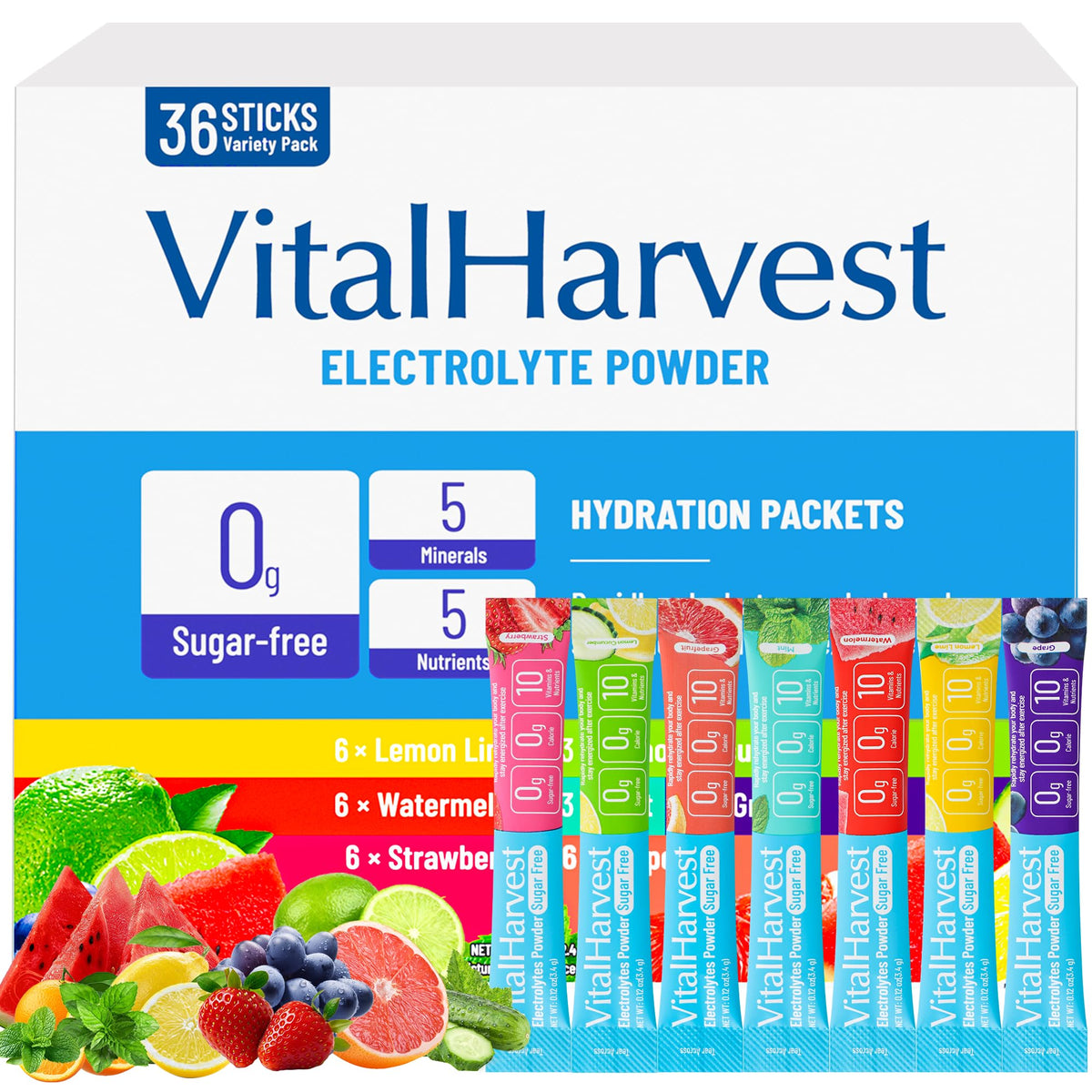 VitalHarvest poudre électrolytes citron vert, hydratation rapide après l'effort.