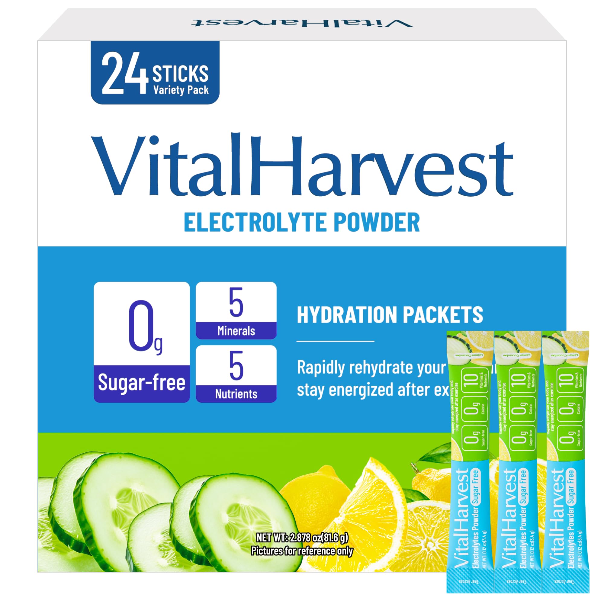 VitalHarvest sachets électrolytes citron-concombre prêts à mélanger pour hydratation rapide.