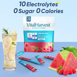 VitalHarvest sachets électrolytes framboise dilution facile, sans sucre, hydratation efficace.