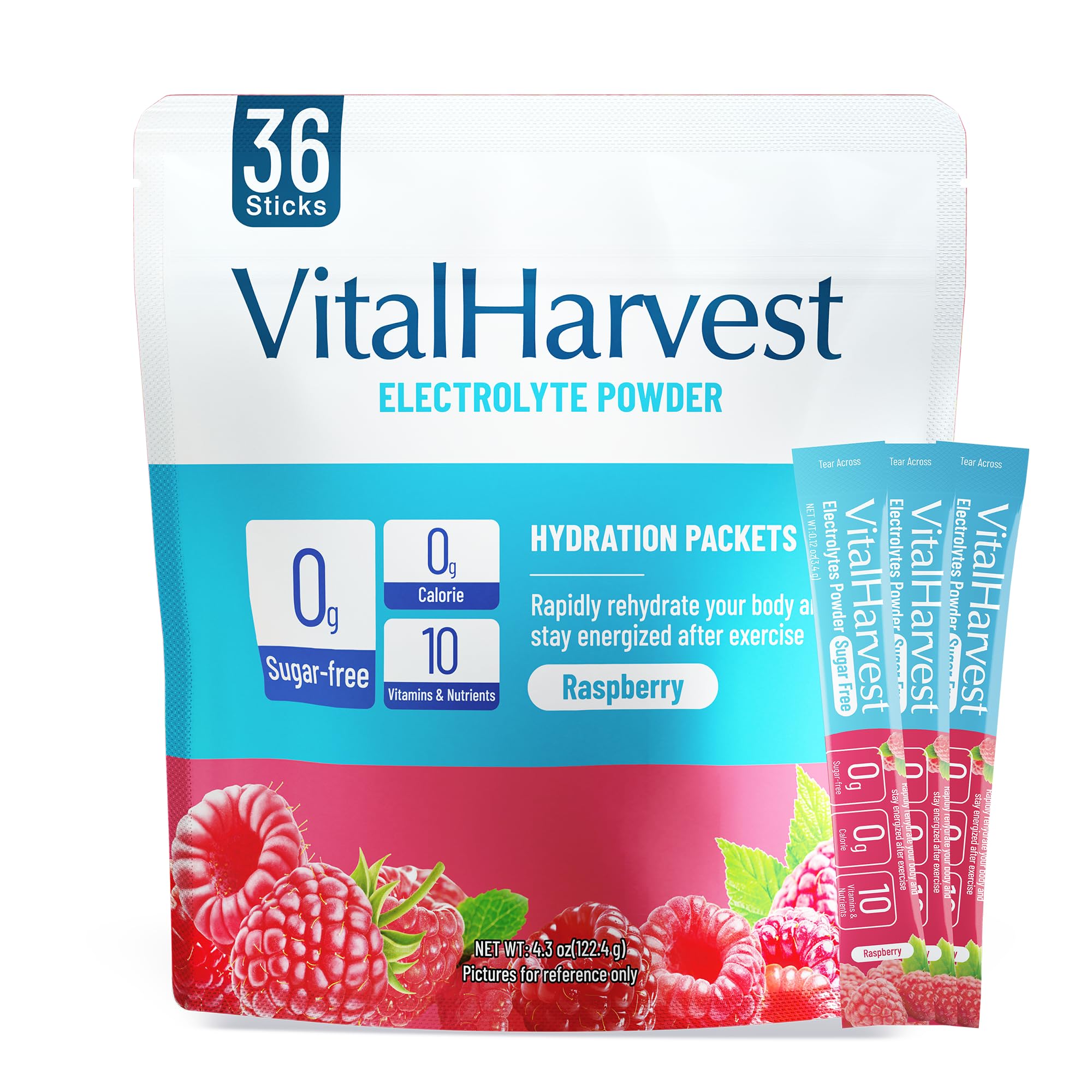 VitalHarvest sachets électrolytes framboise format compact prêt à l'emploi.