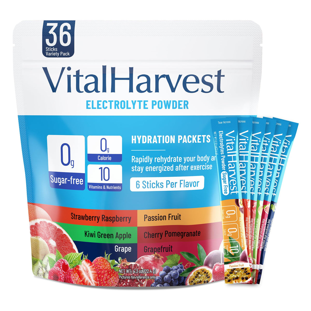 VitalHarvest sachets électrolytes sans sucre, hydratation rapide et pratique.