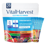 VitalHarvest sachets électrolytes sans sucre, hydratation rapide et pratique.