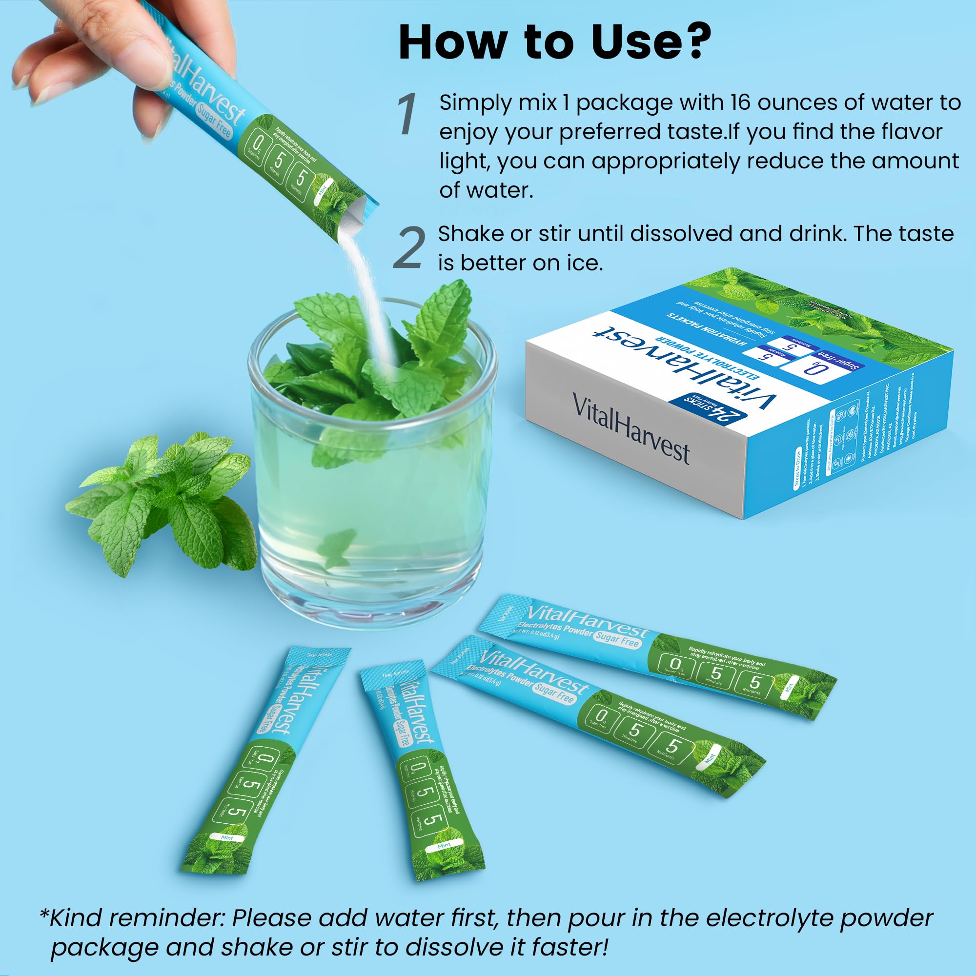 VitalHarvest sachets électrolytes menthe – préparation rapide et dissolution facile