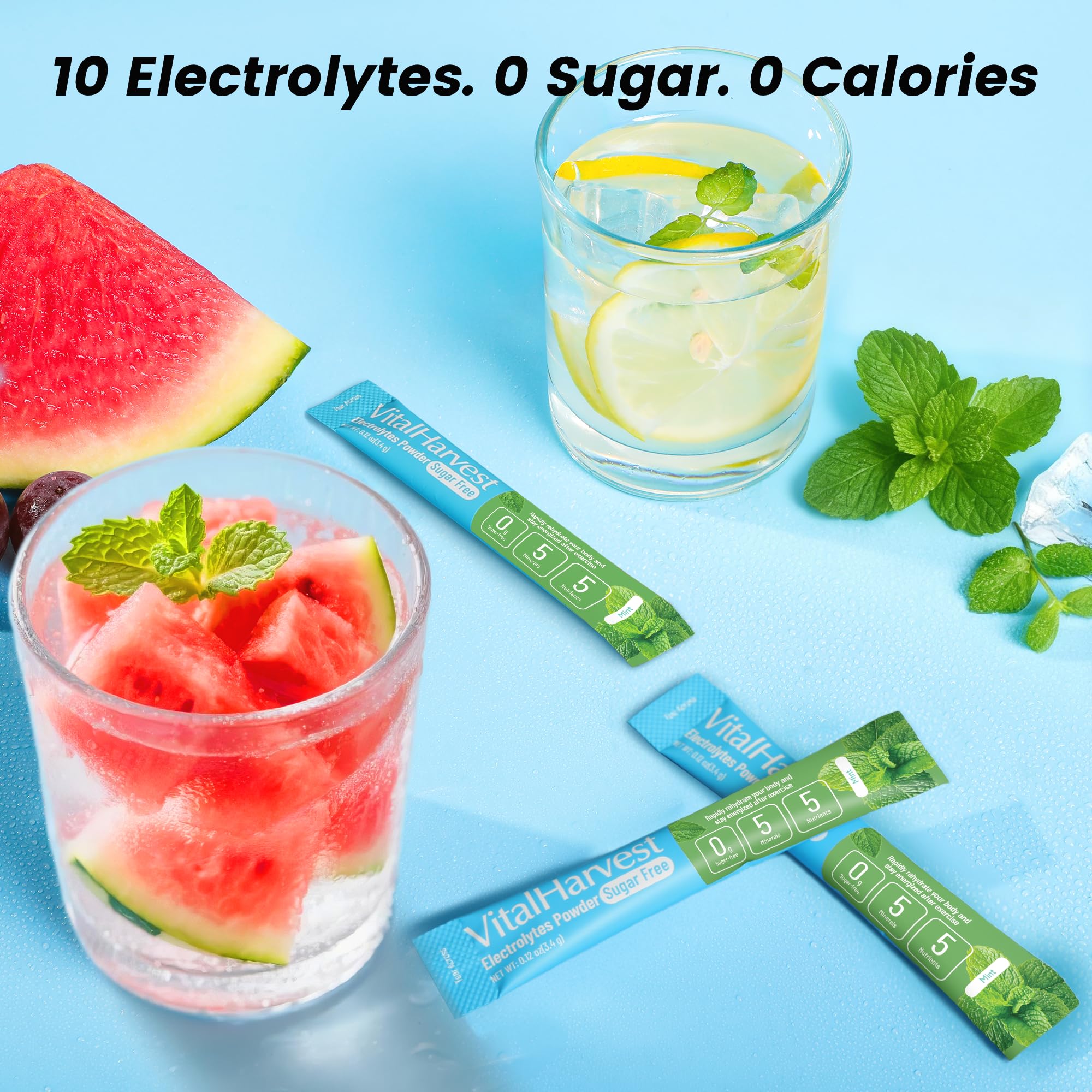 VitalHarvest sachets électrolytes menthe – option sans sucre pour régimes faibles en glucides