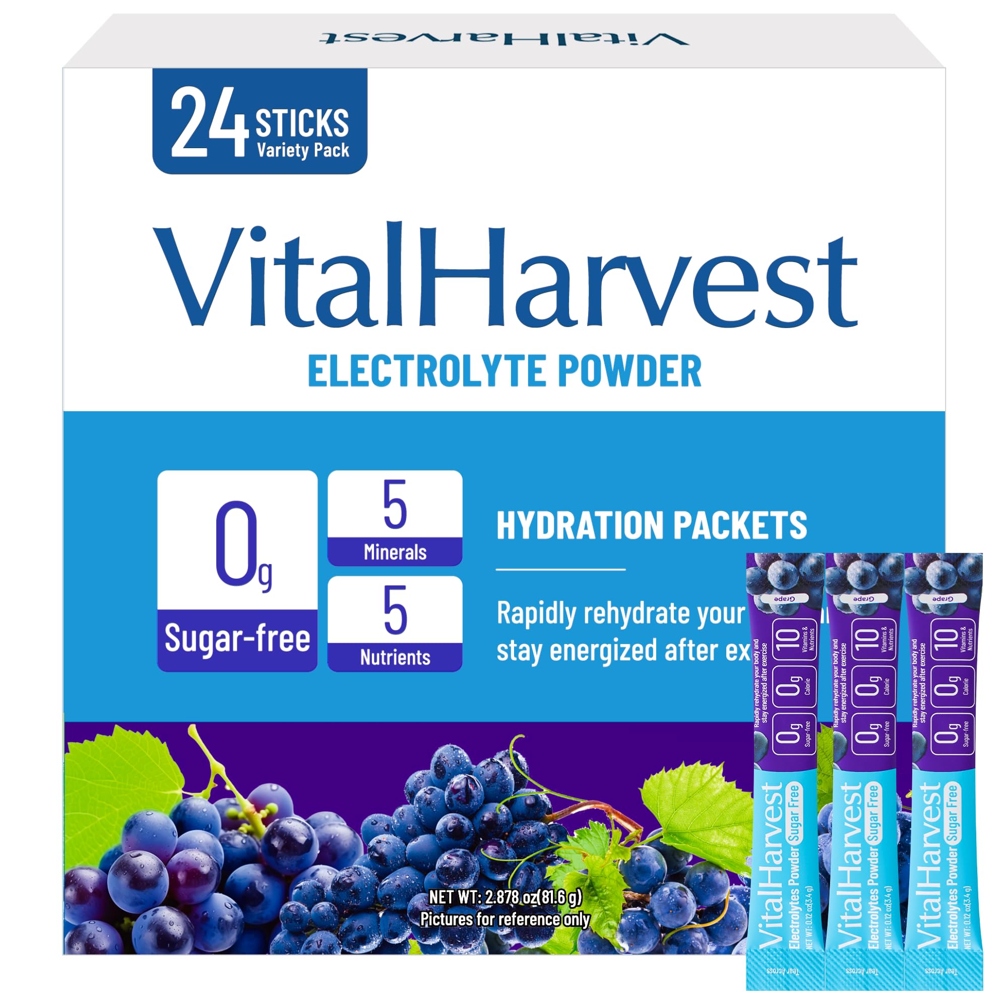 VitalHarvest sachet électrolytes raisin dans son emballage, idéal pour hydratation rapide.