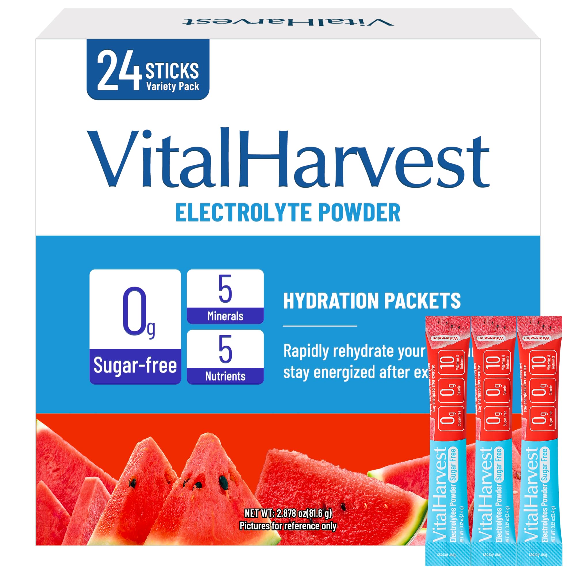 VitalHarvest sachets électrolytes saveur pastèque, hydratation rapide après l'effort.