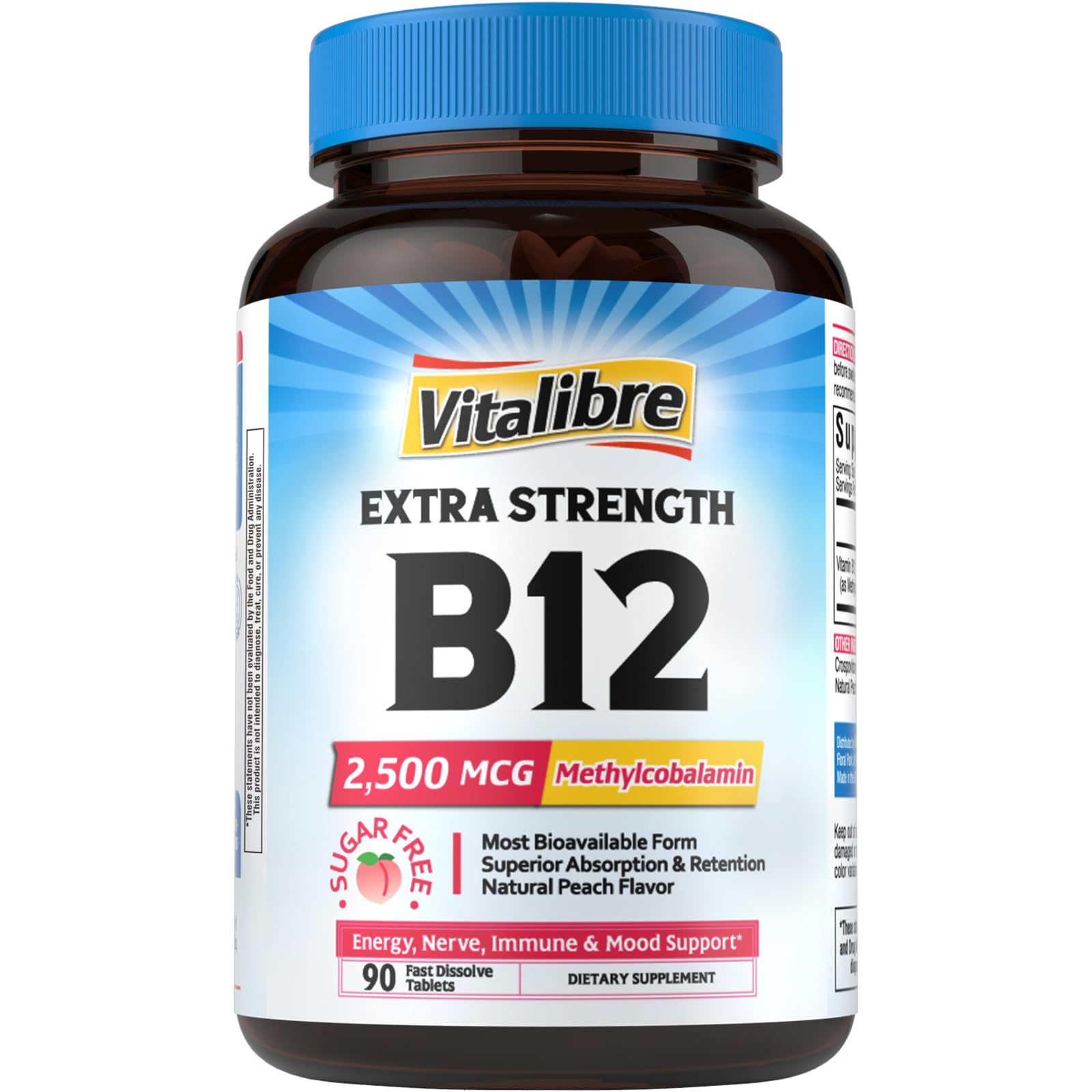 Vitalibre B12: tablette sublinguale pêche, boost énergie rapide et doux