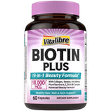 Vitalibre Biotine Plus — bouteille en premier plan pour cheveux forts et peau éclatante.
