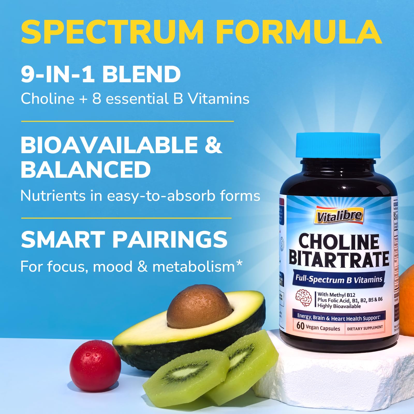 Bouteille Vitalibre Choline Bitartrate 300 mg sur fond neutre, énergie et concentration possibles.