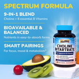 Bouteille Vitalibre Choline Bitartrate 300 mg sur fond neutre, énergie et concentration possibles.
