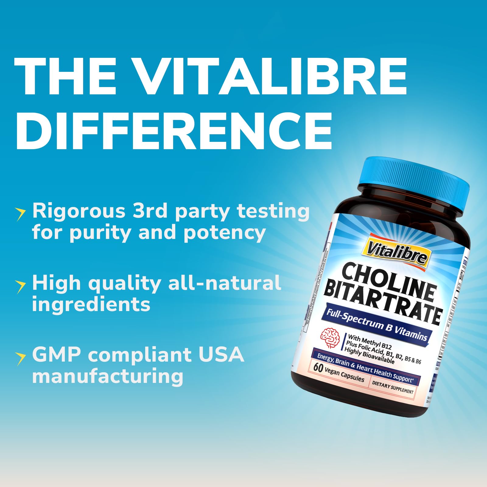 Boîte Vitalibre affichant folate et B12, mentions sans OGM et informations transparentes.