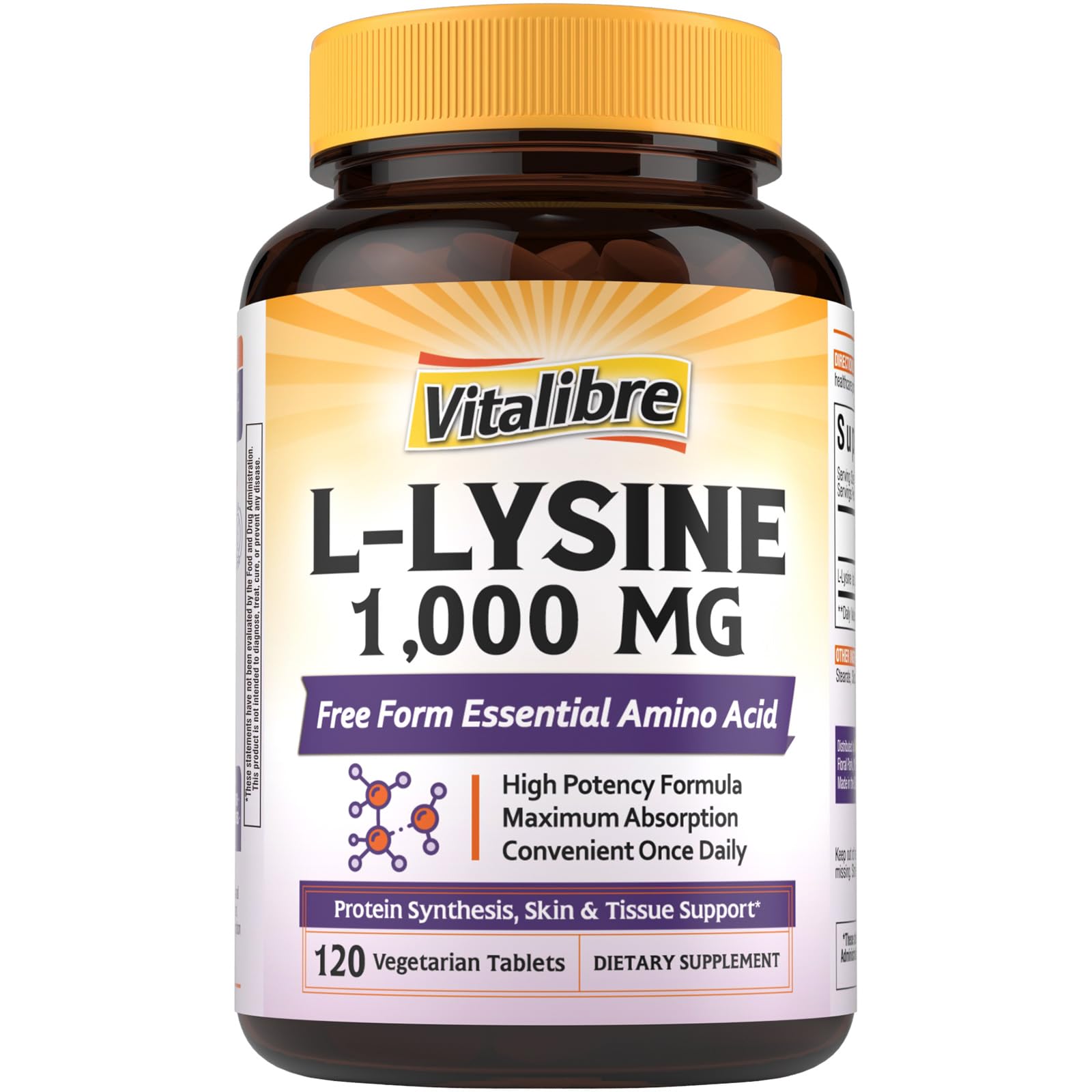 Vitalibre L-Lysine 1000mg capsule: soutien potentiel à la synthèse des protéines et absorption optimisée.