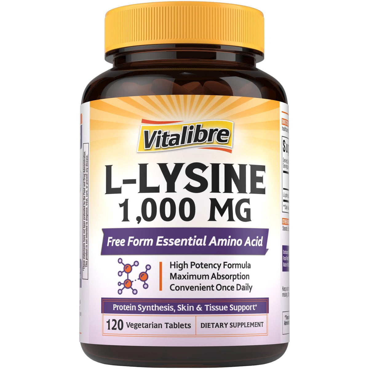 Vitalibre L-Lysine 1000mg capsule: soutien potentiel à la synthèse des protéines et absorption optimisée.