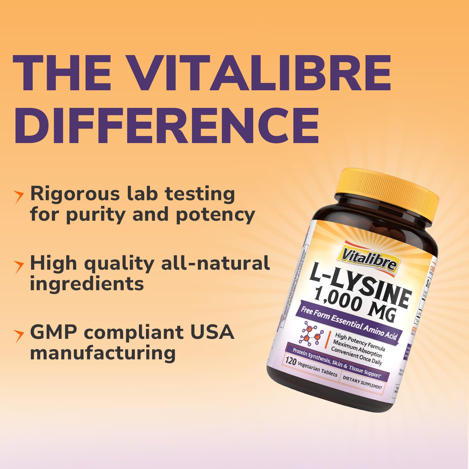 Vitalibre L-Lysine 1000mg dose quotidienne: apport régulier et pratique.