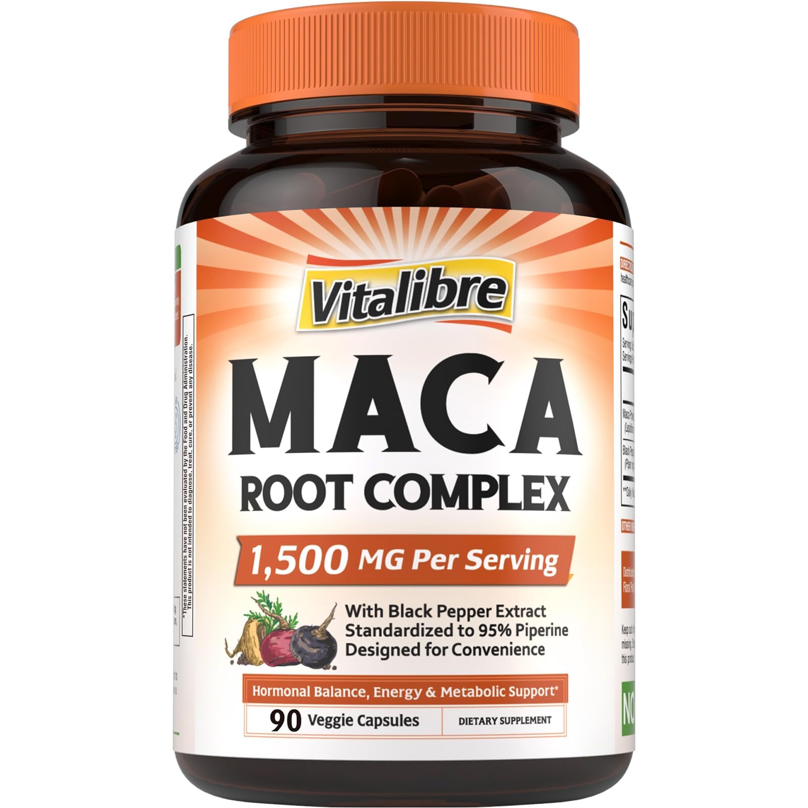 Capsules Vitalibre Maca Racine de 1500 mg par portion soutiennent énergie et vitalité.