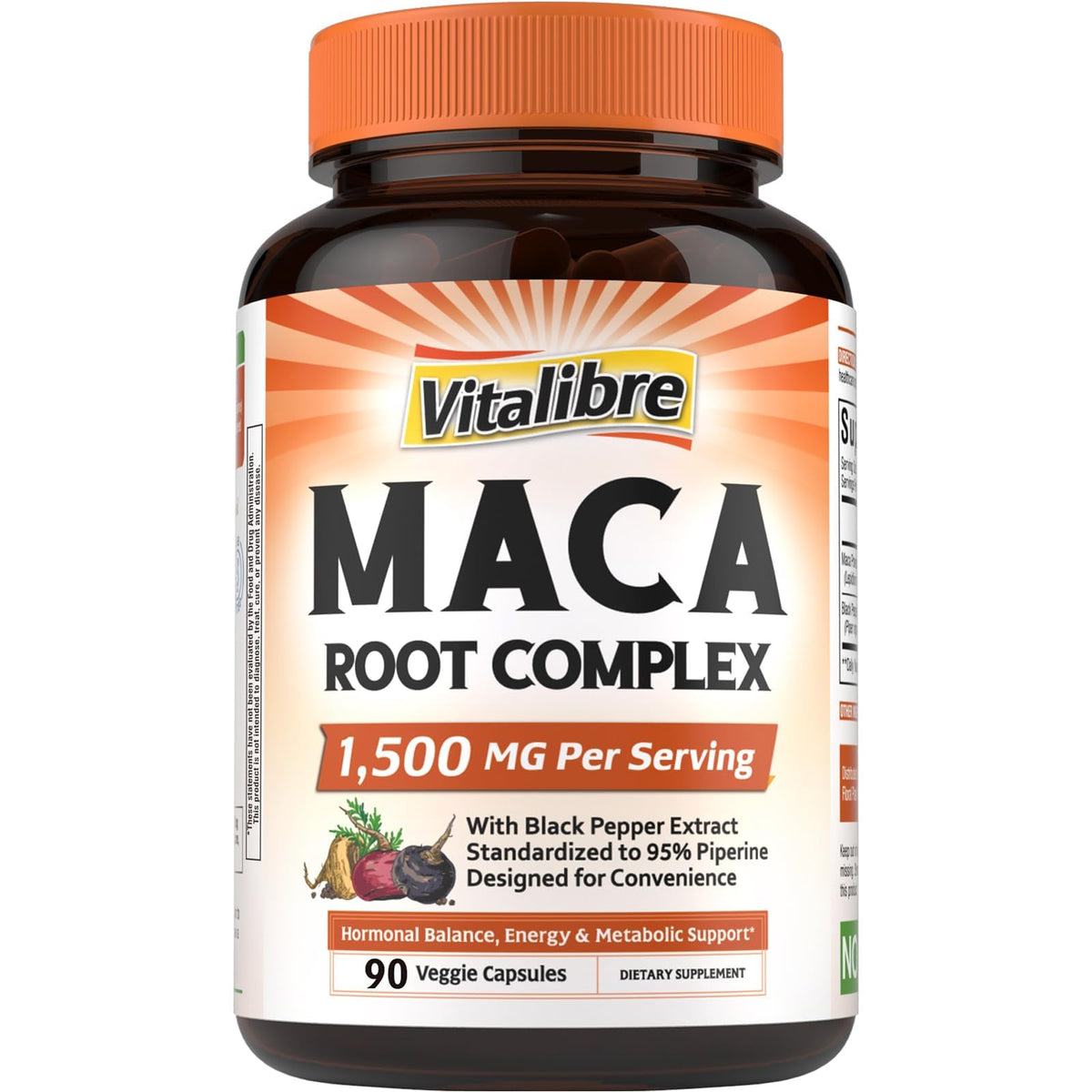 Capsules Vitalibre Maca Racine de 1500 mg par portion soutiennent énergie et vitalité.