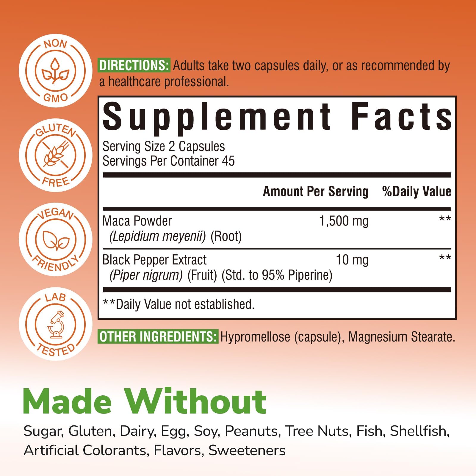 Capsules Vitalibre Maca Racine avec Poivre Noir améliorent l'absorption et l'énergie durable.