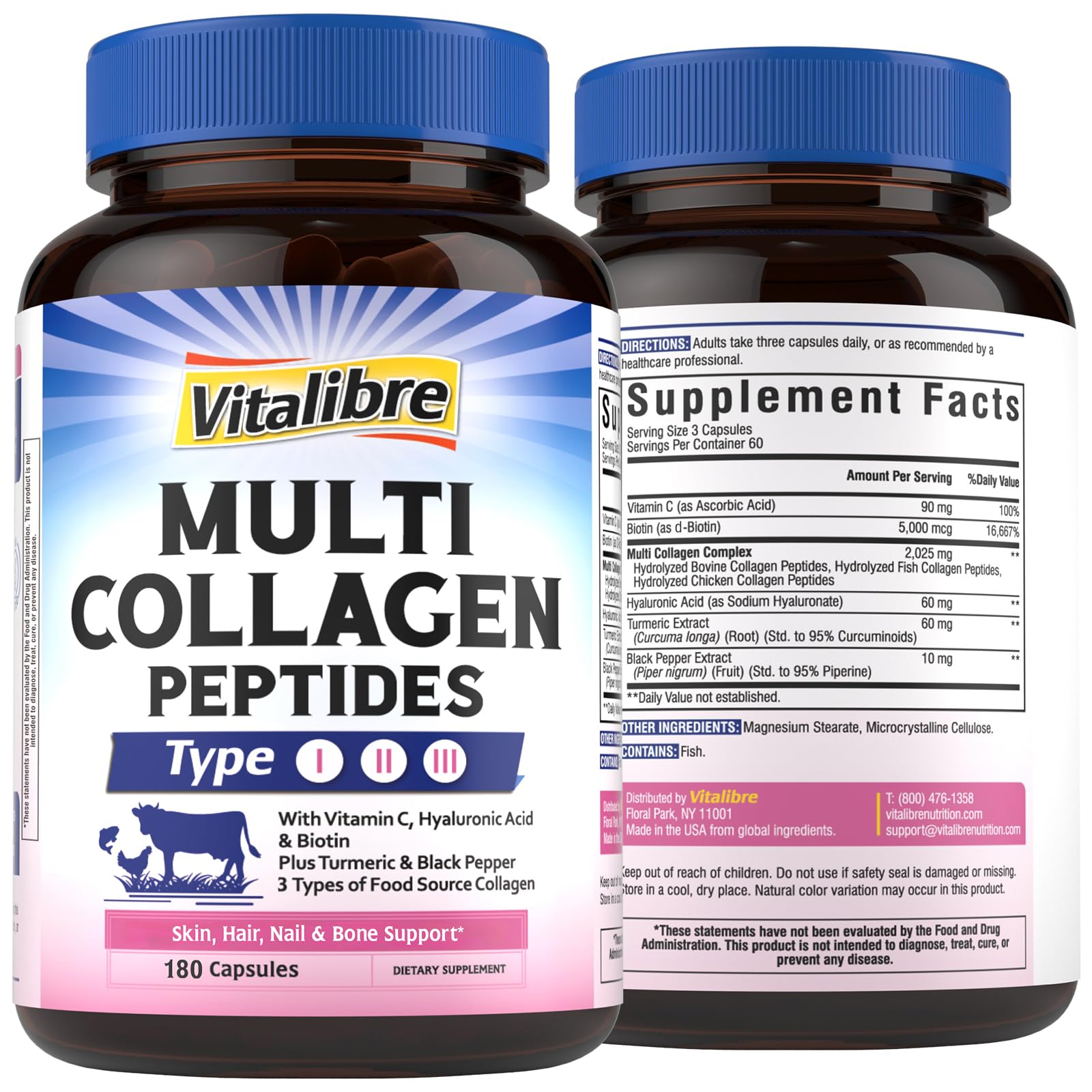 Vitalibre Multi Collagen – bouteille de capsules, soutien potentiel de peau et mobilité.