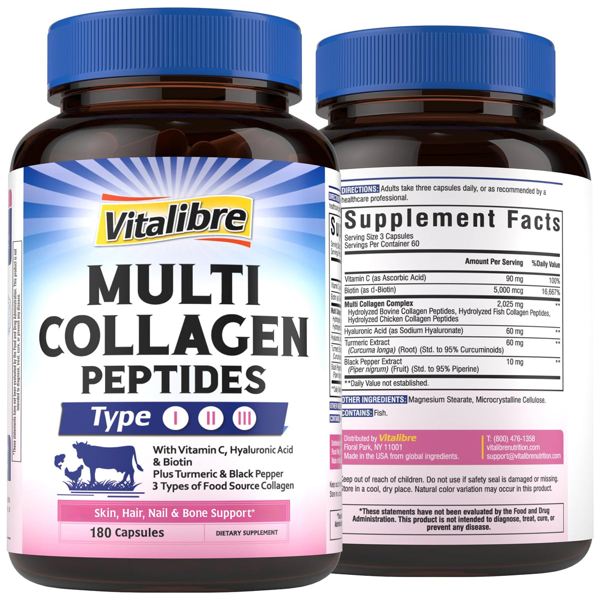 Vitalibre Multi Collagen – bouteille de capsules, soutien potentiel de peau et mobilité.