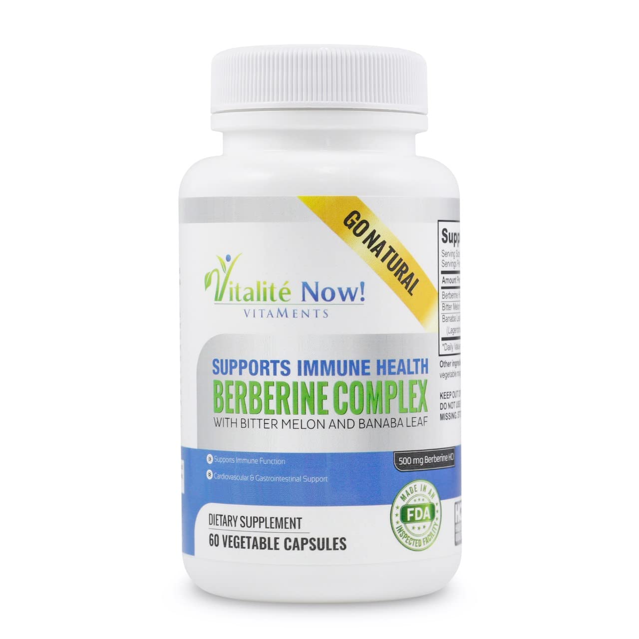 Vitalité Now Berberine 500 mg en bouteille, soutien potentiel du métabolisme.