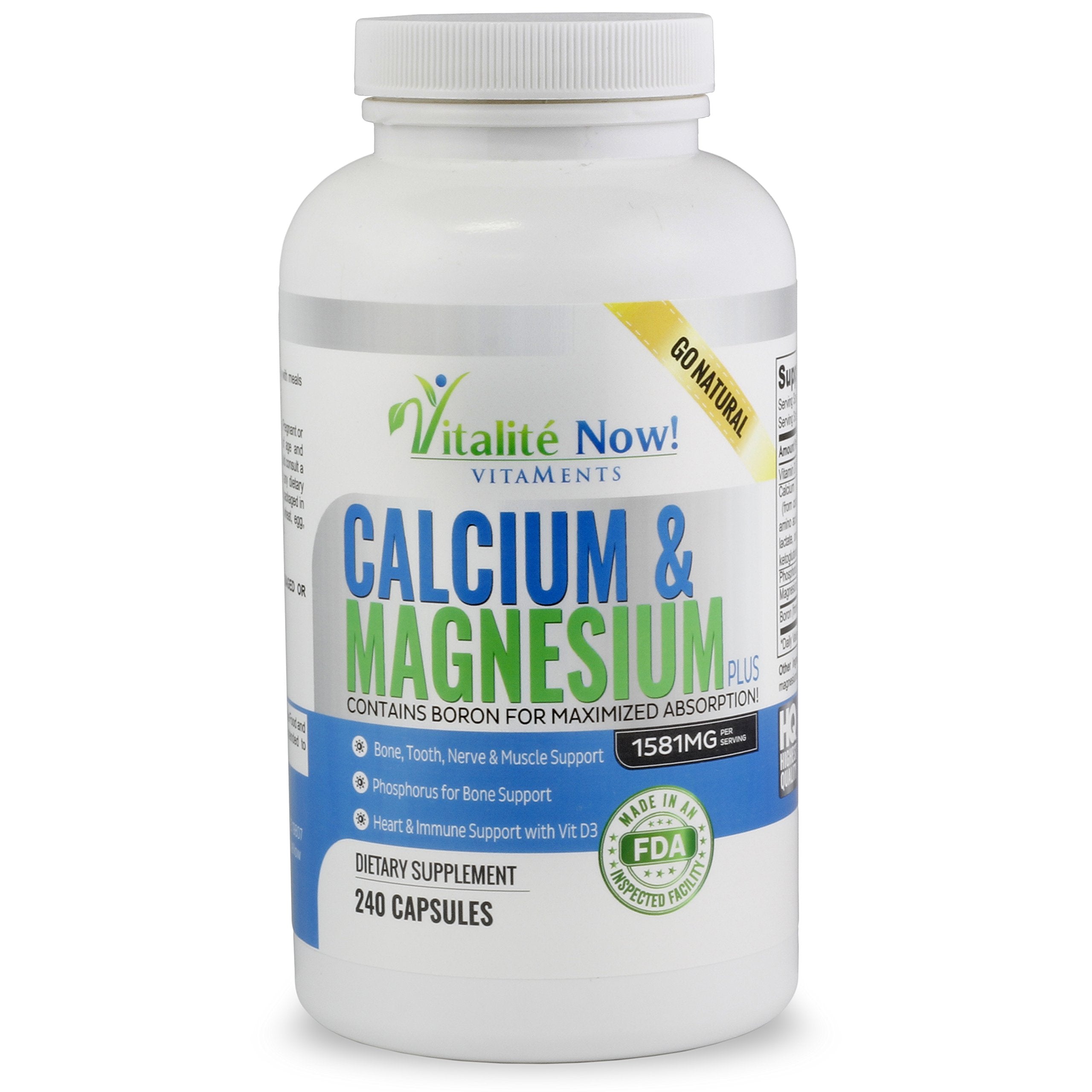Vitalité Now bouteille calcium magnesium D3 montrant une solution complète pour le soutien osseux