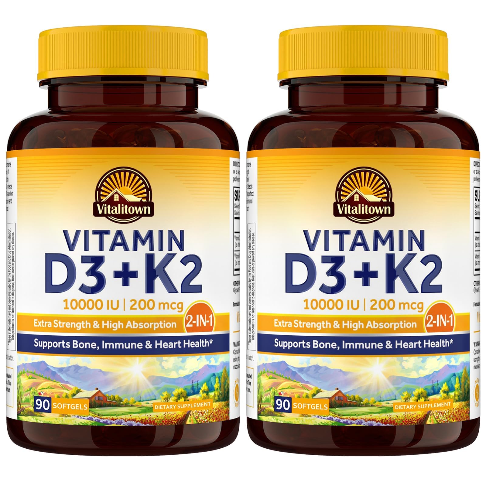 Vitalitown Bouteille D3 K2 avec gélules faciles à avaler, soutien potentiel d’énergie et d’équilibre.