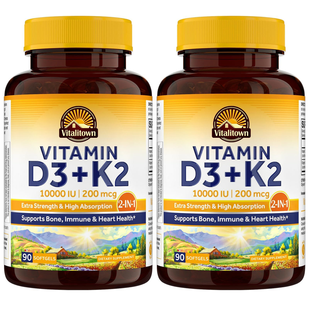 Vitalitown Bouteille D3 K2 avec gélules faciles à avaler, soutien potentiel d’énergie et d’équilibre.