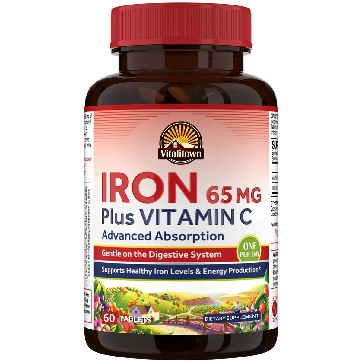Vitalitown comprime-fer 65 mg avec vitamine C pour absorption améliorée.