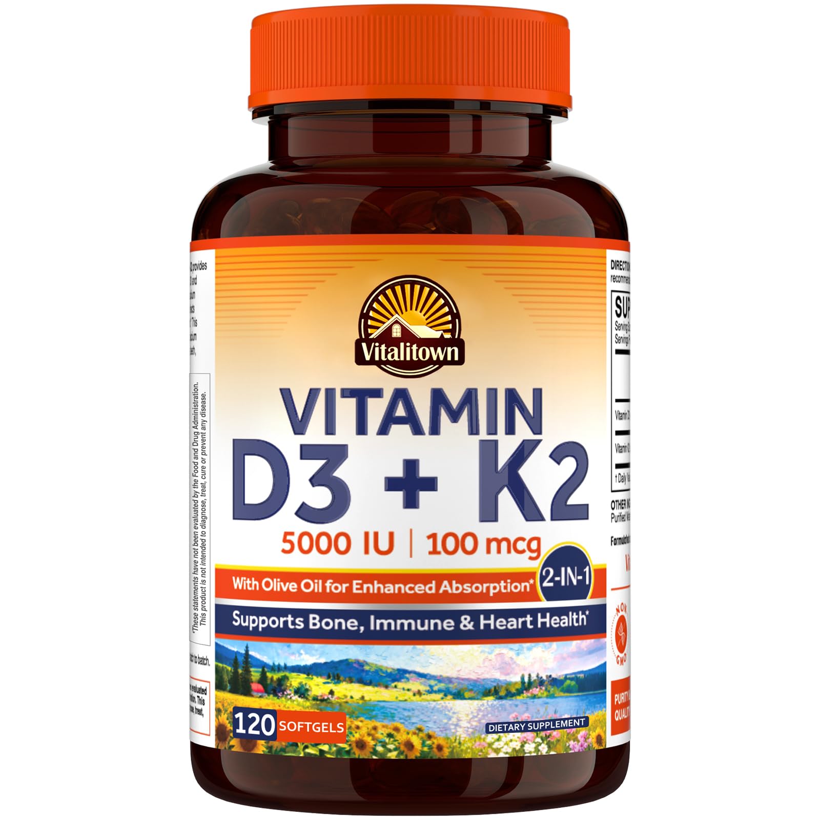 Vitalitown D3-K2 en flacon, soutien potentiel des os et du système immunitaire.