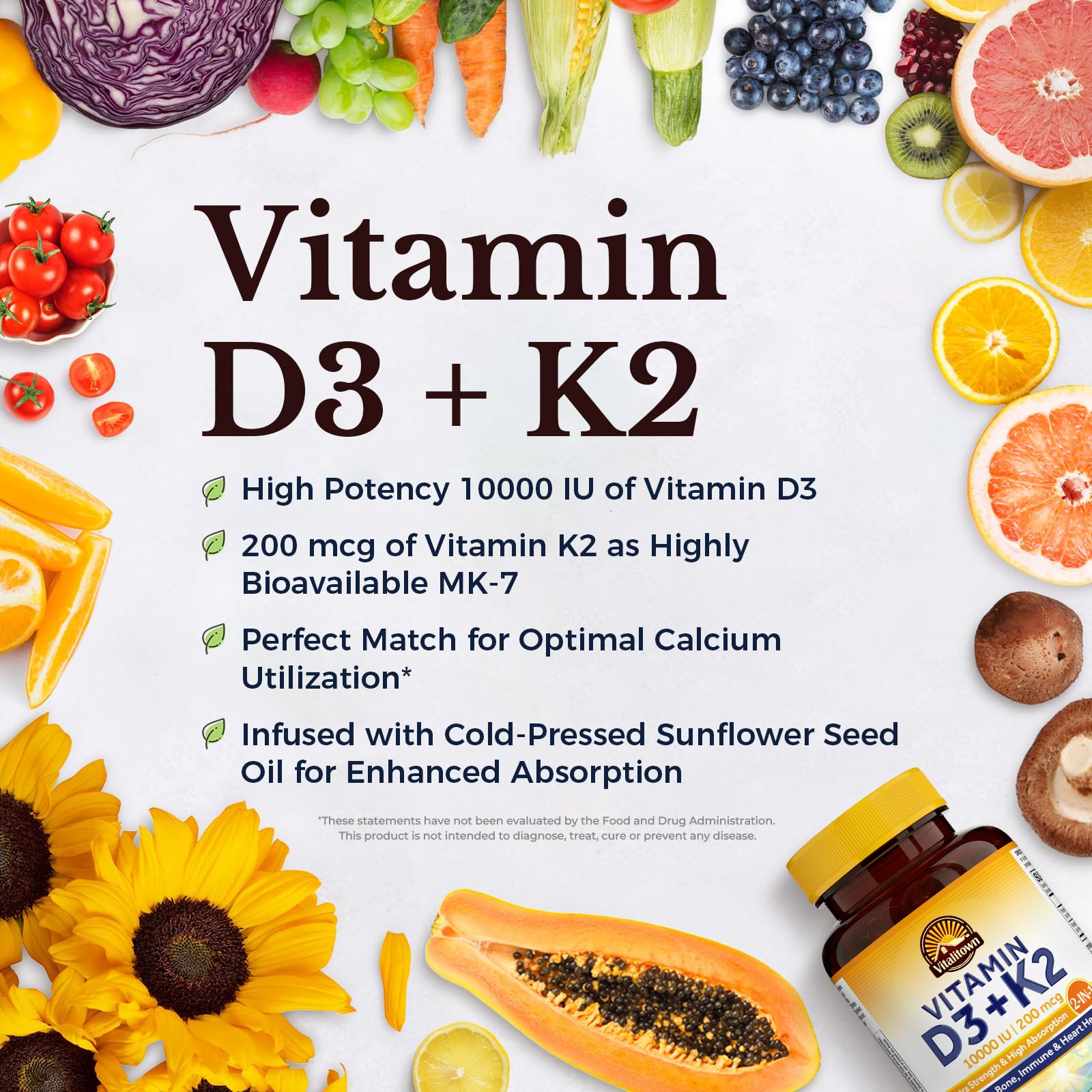 Vitalitown D3-K2 MK7, absorption élevée grâce à l'huile de tournesol.