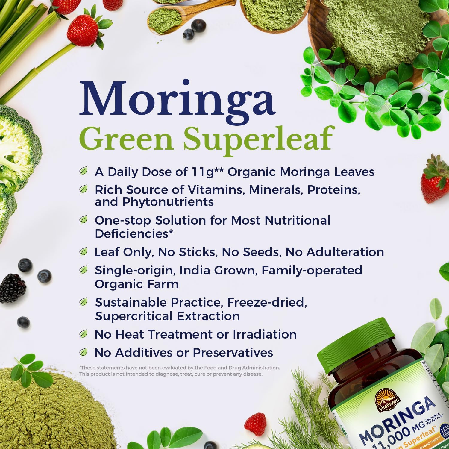 Étiquette claire Vitalitown Moringa, informations d'origine et conseils d'utilisation.
