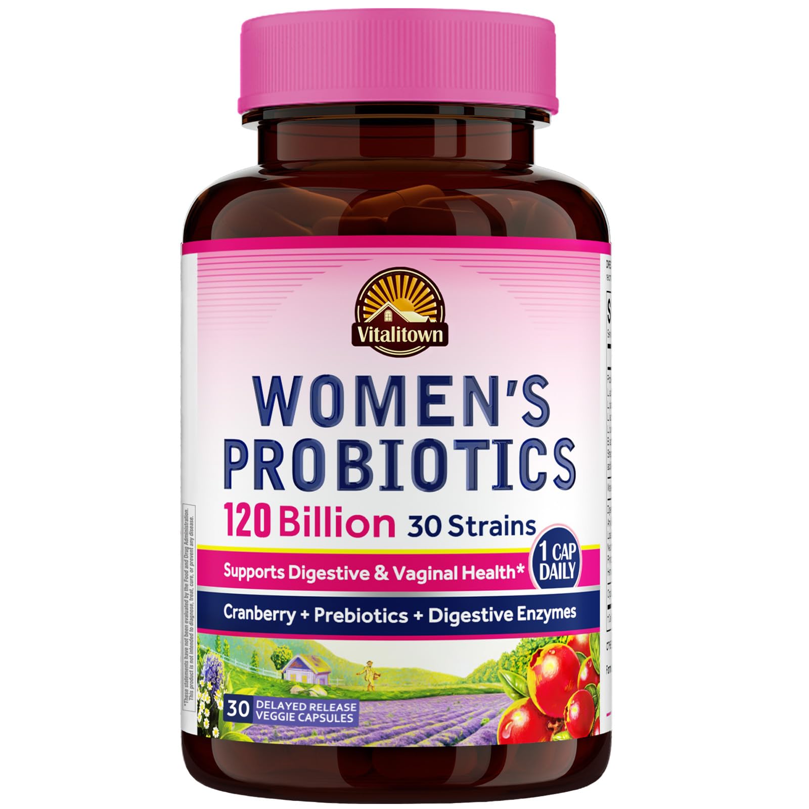 Vitalitown Probiotiques femmes – bouteille sur étagère, intégration facile à la routine quotidienne.