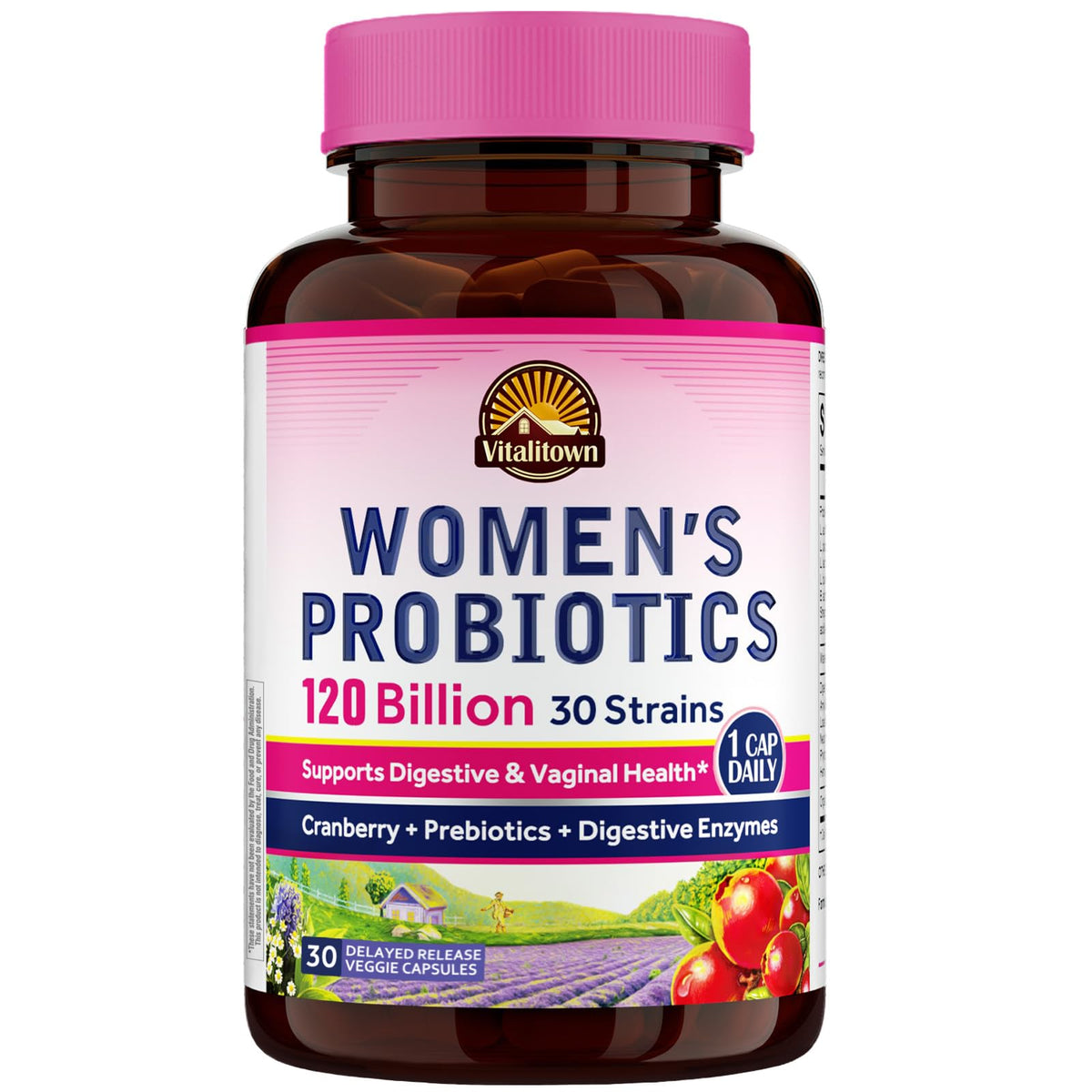 Vitalitown Probiotiques femmes – bouteille sur étagère, intégration facile à la routine quotidienne.