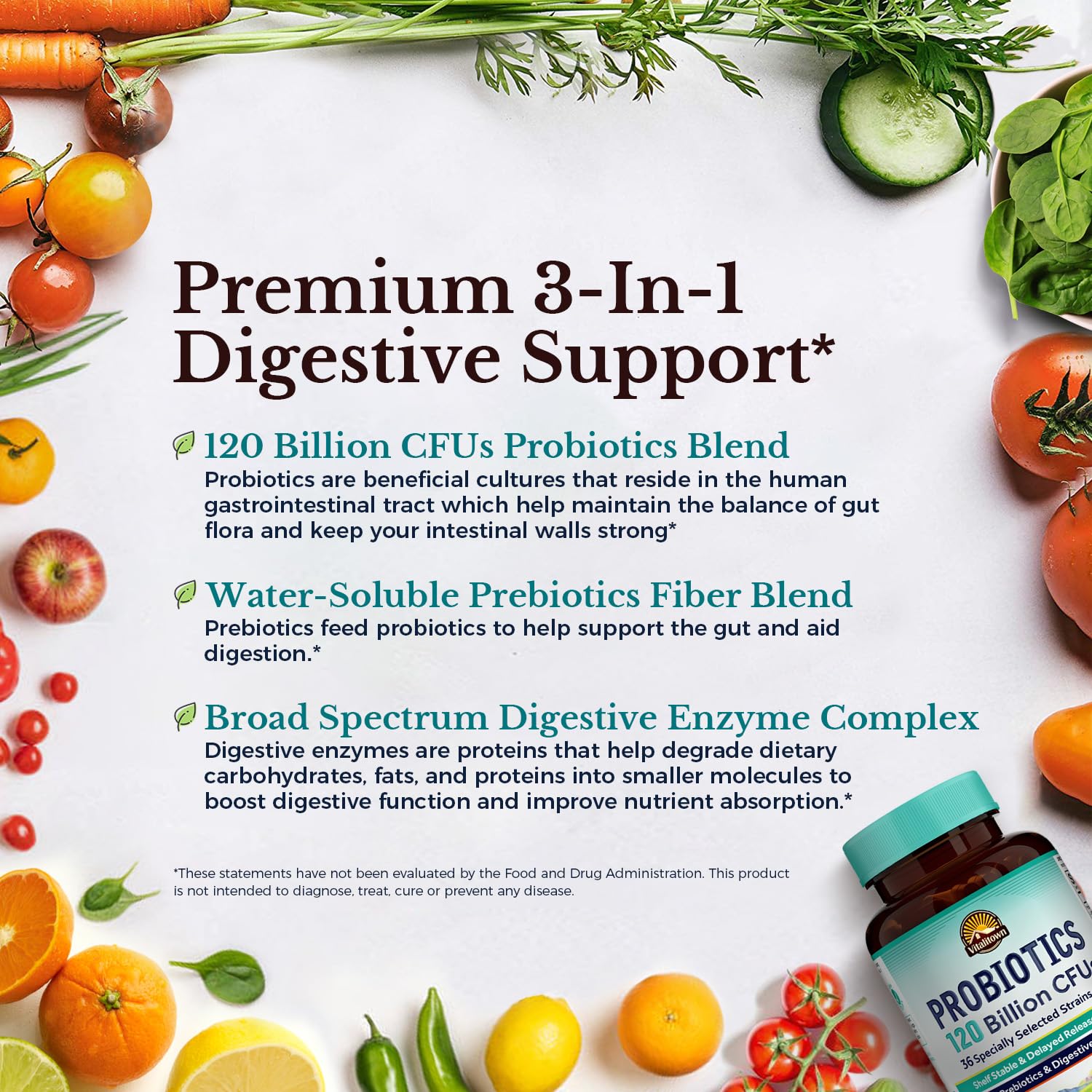 Vitalitown Probiotiques, prébiotiques et enzymes, capsules pour digestion optimisée.